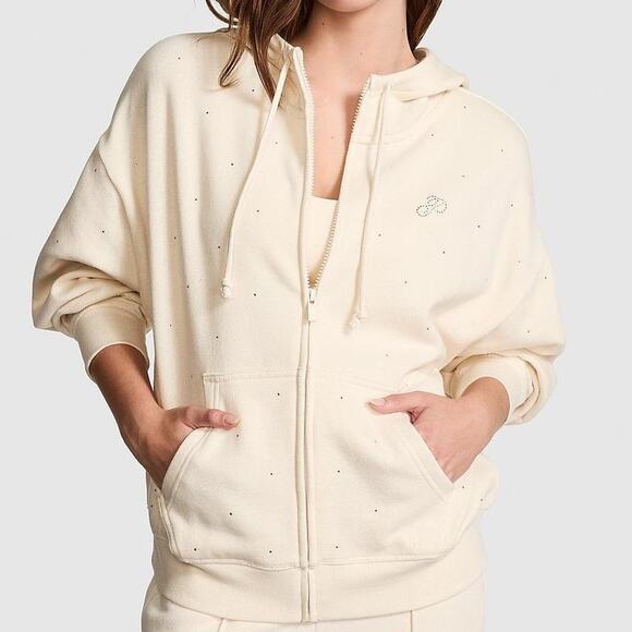 VS PINK Ivy Campus Full-Zip Fleece Hoodie Glitter Ivory Women’s Large NWT - Picture 1 of 7